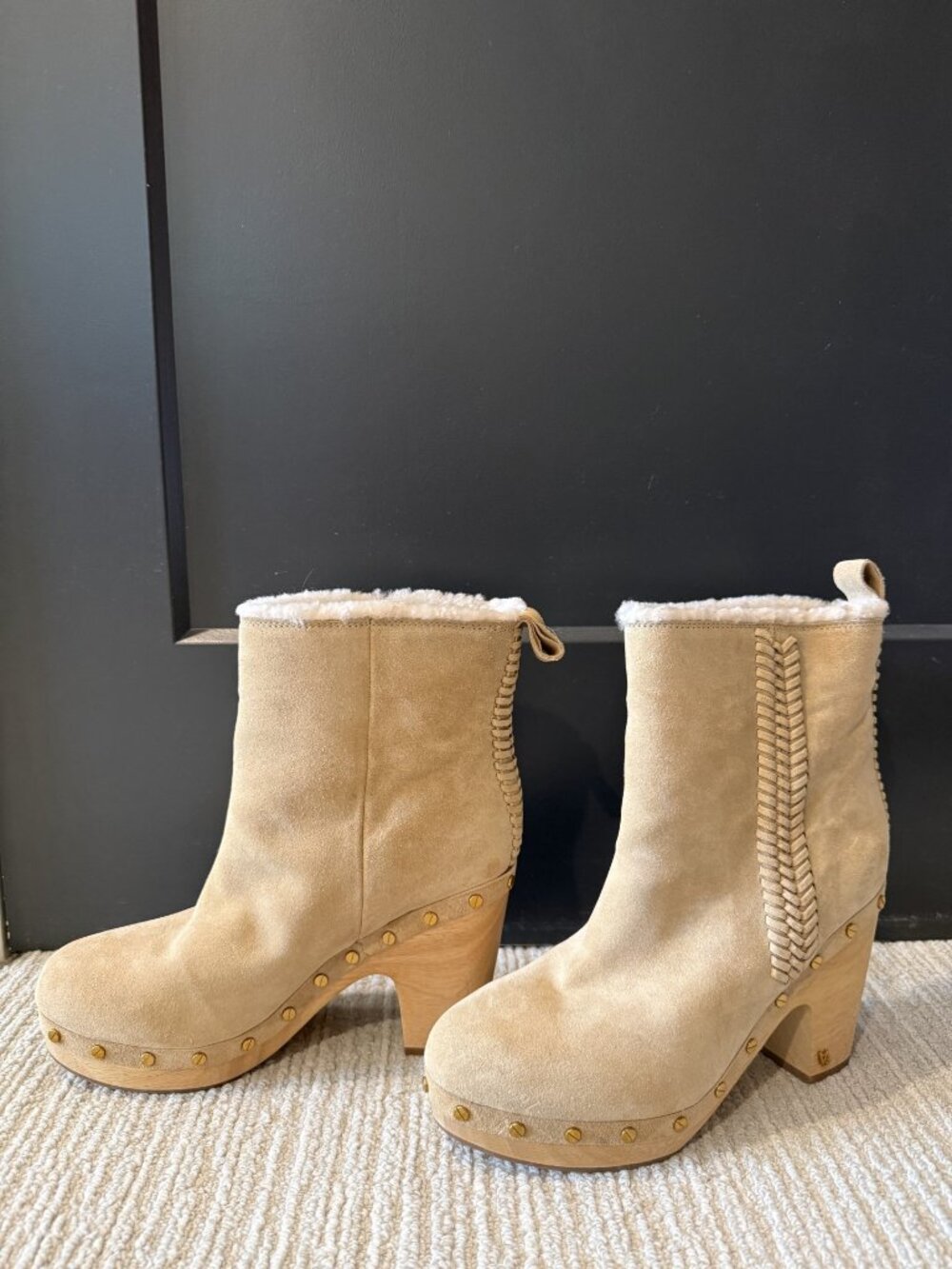 Veronica Beard Daxi Tan Suede Shearling Studded Clog Boots